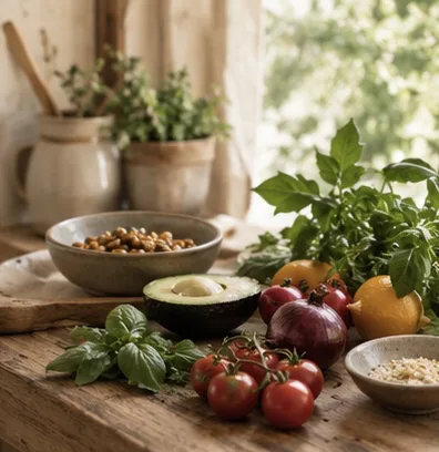 Fresh herbs, tomatoes and avocado on a wooden board