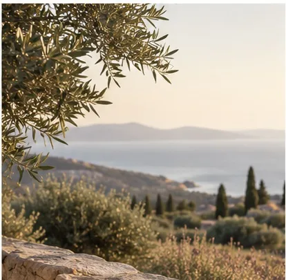 Olive branches above a Mediterranean hillside at dusk