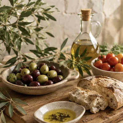 Olives, bread and olive oil on a sunlit table