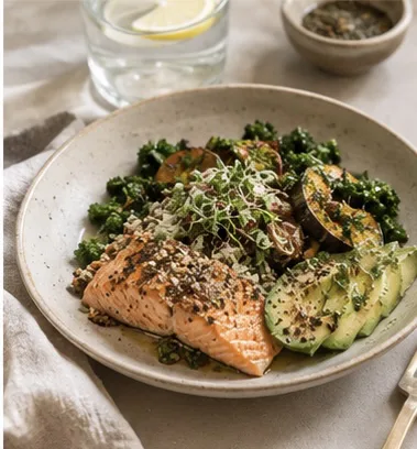 A plate of salmon with green vegetables and grains