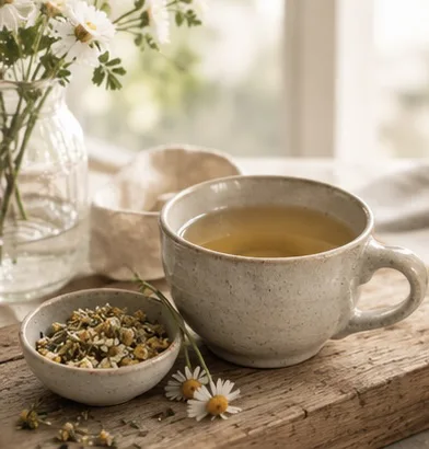 A cup of herbal tea with chamomile flowers on a wooden table