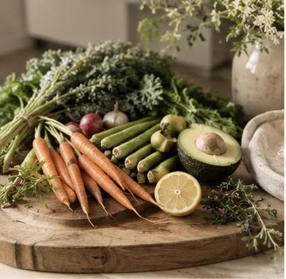 Fresh vegetables and leafy greens arranged on a wooden board